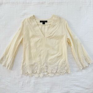 French Connection light butter yellow 100% ramie Lace embroidered blouse size 12